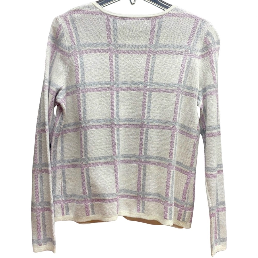 NWT Liz Claiborne White Purple Sparkly Plaid One Button Cardigan Sz PM - Picture 2 of 7